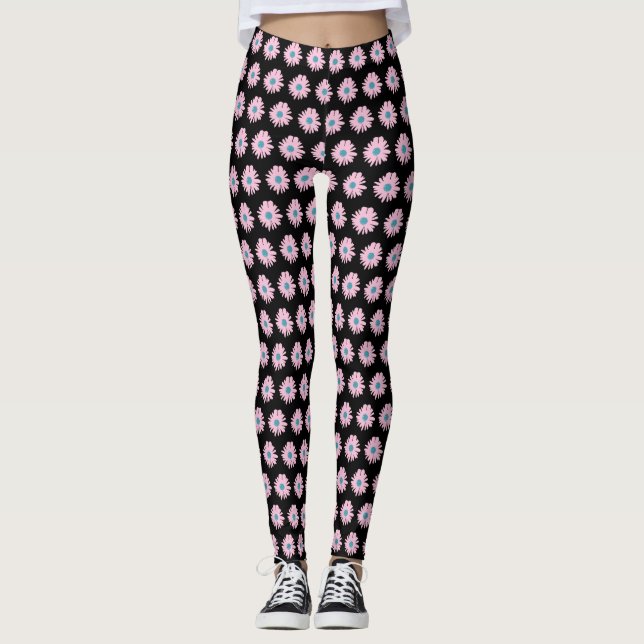 Floral Daisy Pink Blue Design Illustration Pattern Leggings (Front)