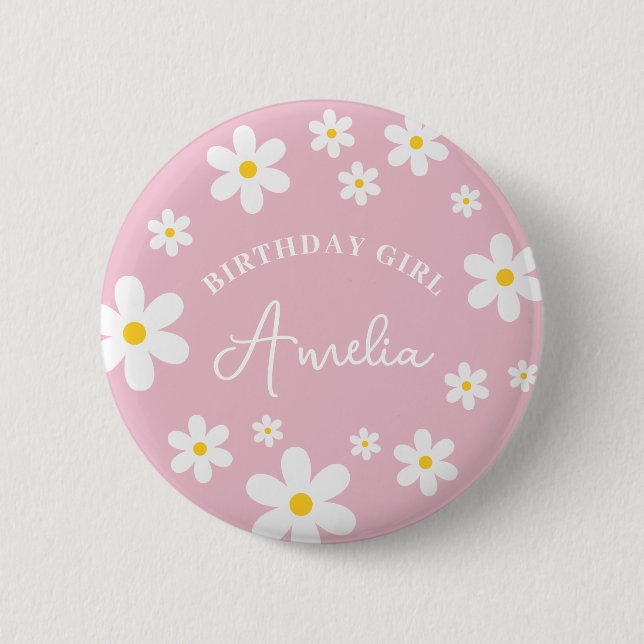 Floral Daisy Pink Girls Birthday Badge Button (Front)