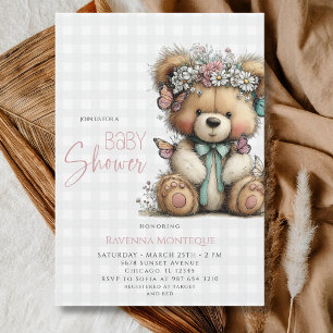 Floral Daisy Teddy Buffalo Plaid Girl Baby Shower Invitation