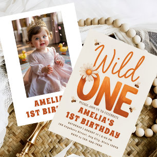 Floral Daisy Wild One Birthday Girl Photo Invitation