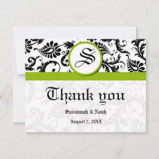 Floral Damask Black and White with Green Trim Thank You Card