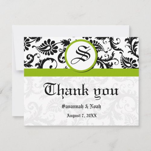 Floral Damask Black and White with Green Trim Thank You Card