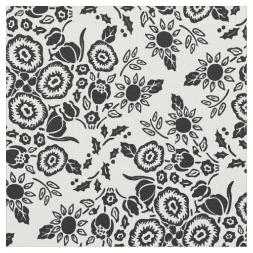 Floral Damask Black White Fabric