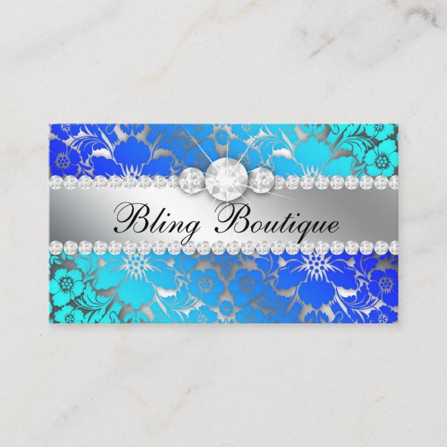 Floral Damask Blue Sea Silver Jewelry Business Card (Front)