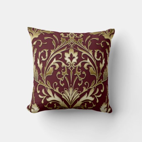 Floral damask burgundy and gold elegant vintage  throw pillow