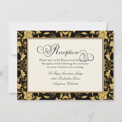 Floral Damask Gold Black Reception Wedding Invite