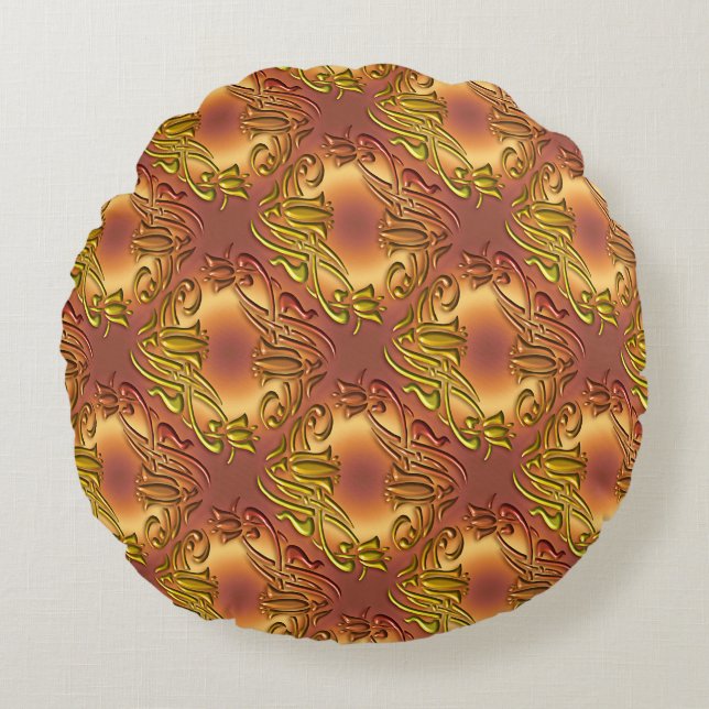 Floral damask golden pattern round pillow (Front)