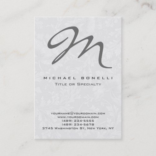 Floral Damask Gray Monogram Calligraphy Business Card
