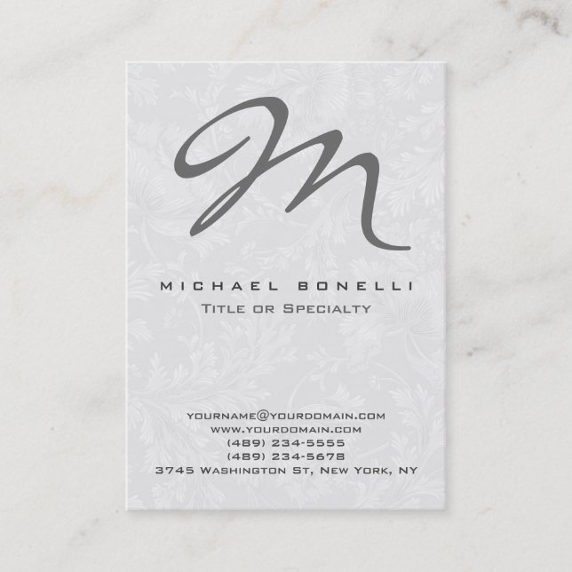 Floral Damask Gray Monogram Calligraphy Business Card (Front)