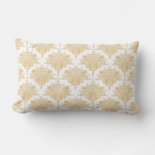 Floral Damask in Yellow Gold and White Lumbar Pillow (Front)