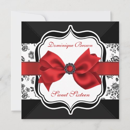 Floral Damask Invite with Red Bow