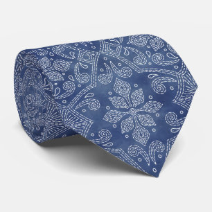 Floral Damask Line Art on Denim Blue Neck Tie