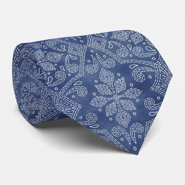 Floral Damask Line Art on Denim Blue Neck Tie (Rolled)