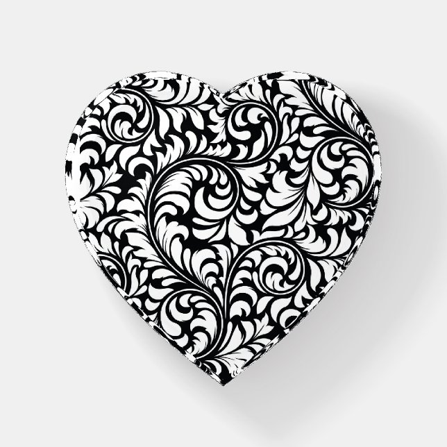 Floral Damask Print Glass Heart-Shaped Paperweight (Front)