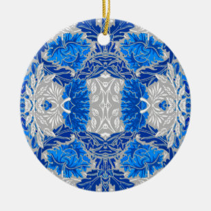 Floral Damask, Sapphire Blue and Gray  Ceramic Ornament