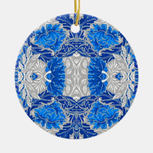 Floral Damask, Sapphire Blue and Gray  Ceramic Ornament (Front)