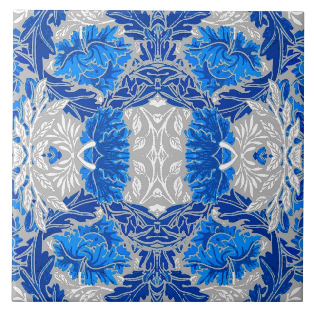 Floral Damask, Sapphire Blue and Gray  Ceramic Tile (Front)