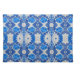 Floral Damask, Sapphire Blue and Gray Cloth Placemat