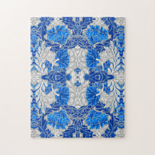 Floral Damask, Sapphire Blue and Gray  Jigsaw Puzzle