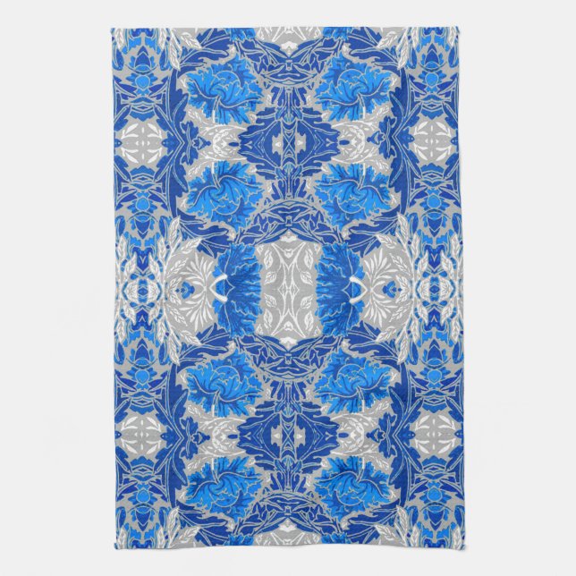 Floral Damask, Sapphire Blue and Gray  Kitchen Towel (Vertical)
