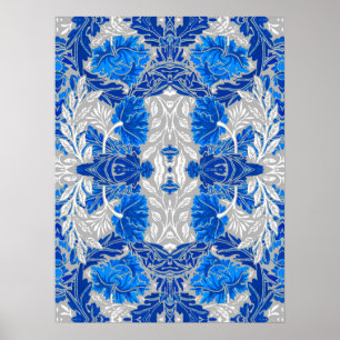 Floral Damask, Sapphire Blue and Gray Poster