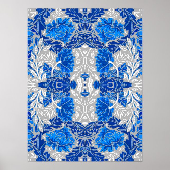 Floral Damask, Sapphire Blue and Gray Poster (Front)