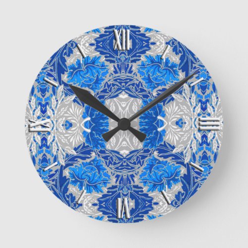Floral Damask Sapphire Blue and Gray  Round Clock