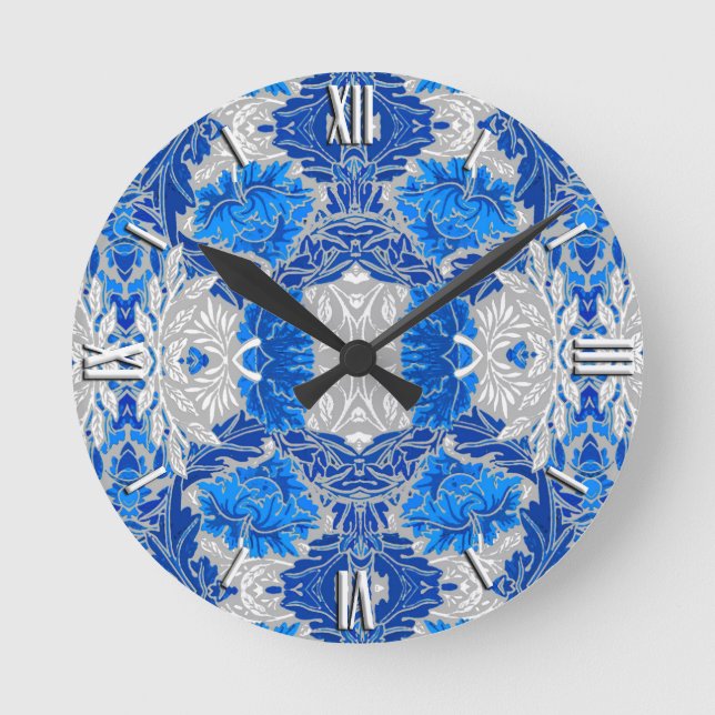 Floral Damask, Sapphire Blue and Gray  Round Clock (Front)