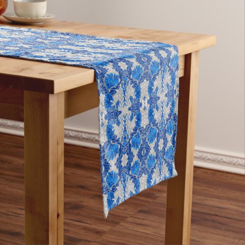 Floral Damask Sapphire Blue and Gray  Short Table Runner