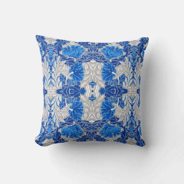 Floral Damask, Sapphire Blue and Gray  Throw Pillow (Front)