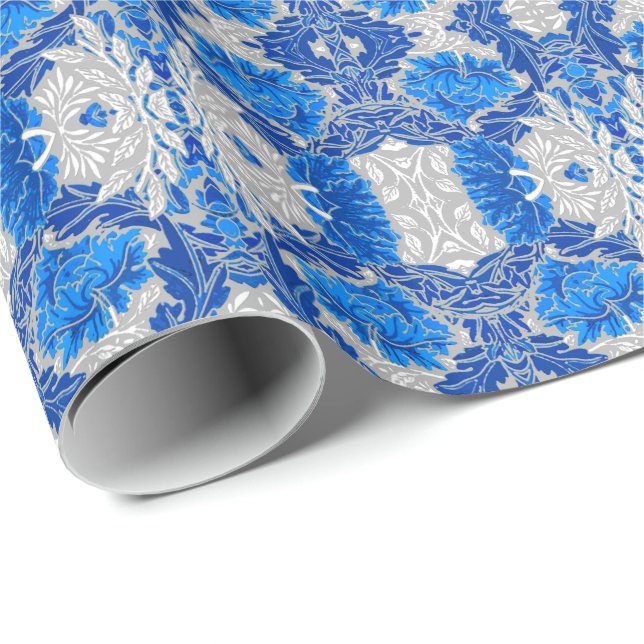Floral Damask, Sapphire Blue and Gray  Wrapping Paper (Roll Corner)