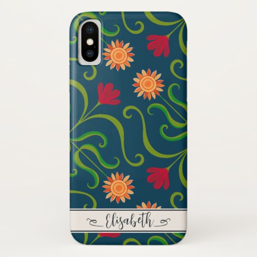    Floral Damask Sunflower Boho Navy Blue Folk Art iPhone X Case