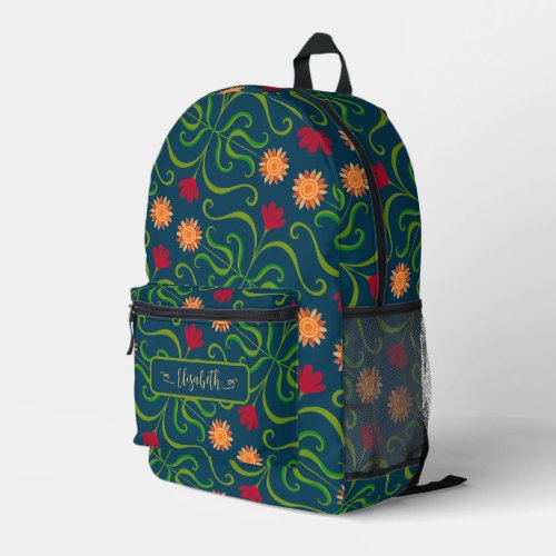   Floral Damask Sunflower Boho Navy Blue Folk Art Printed Backpack