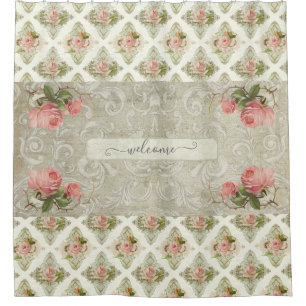 Floral Damask Vintage Modern Watercolor Welcome Shower Curtain