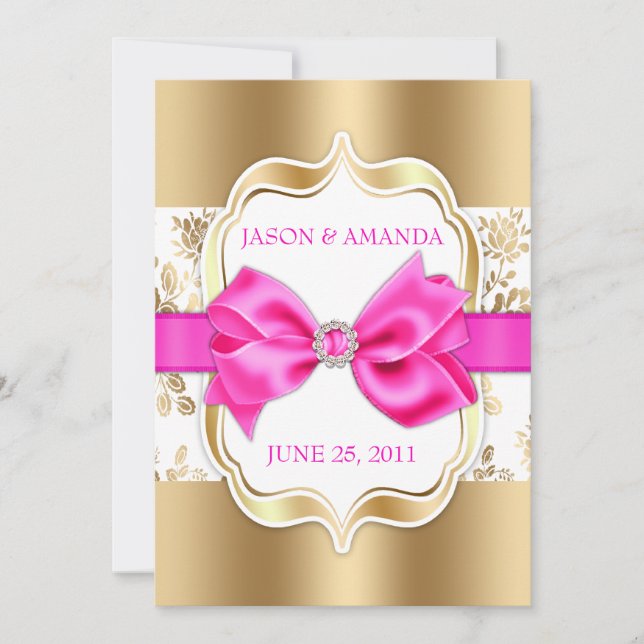 Floral Damask Wedding Invite w/ Bow [Gold & Pink] (Front)