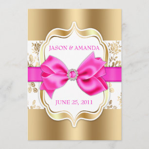 Floral Damask Wedding Invite w/ Bow [Gold & Pink]