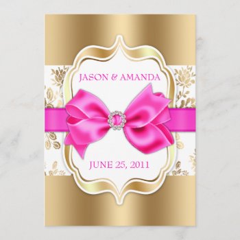 Floral Damask Wedding Invite W/ Bow [gold & Pink] by TreasureTheMoments at Zazzle