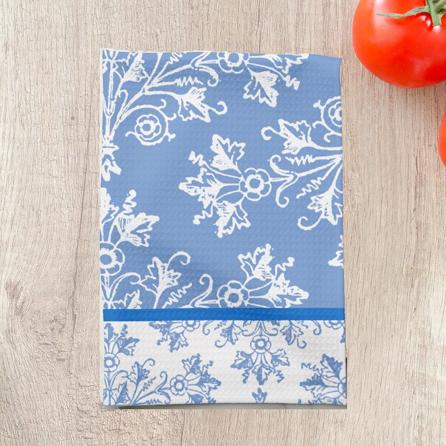 Floral Damask White Cornflower Blue with Border Kitchen Towel (Creator Uploaded)
