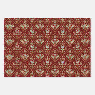 Floral damasks on 3 colors background wrapping paper sheets