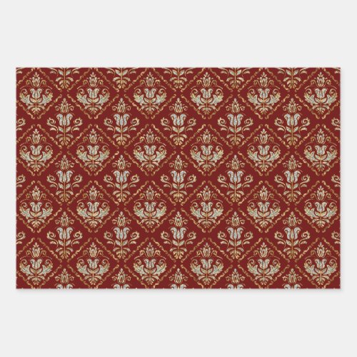 Floral damasks on 3 colors background wrapping paper sheets