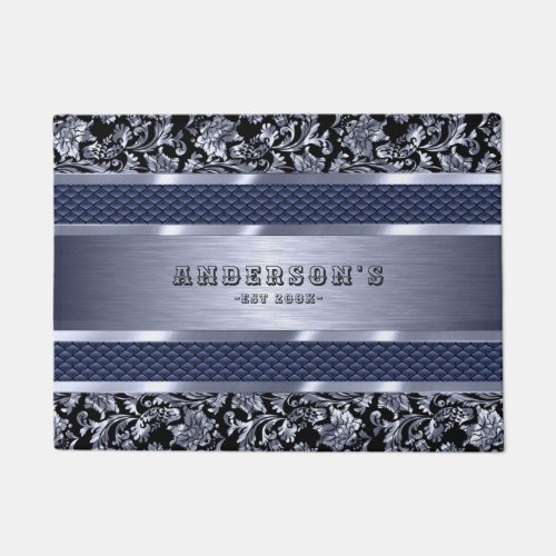 Floral Damasks  Shiny Metallic Blue Tint Doormat