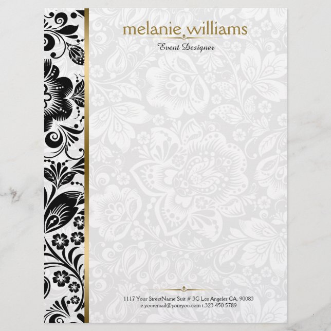 Floral DamasksIn Black & White With Gold Accents Letterhead (Front)