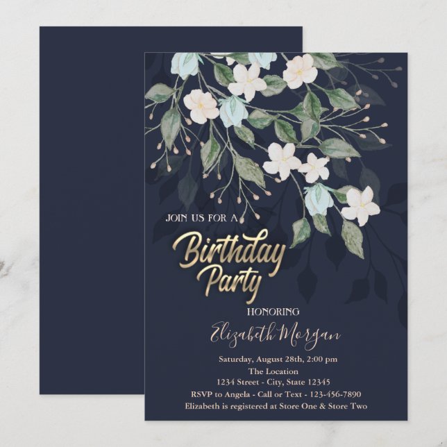 Floral Dark Blue Birthday Party  Invitation (Front/Back)