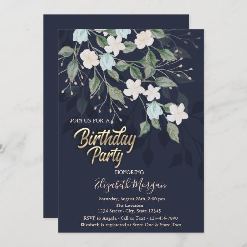 Floral Dark Blue Birthday Party  Invitation