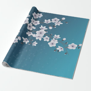 Floral Dark Blue Cherry Blossoms Wrapping Paper