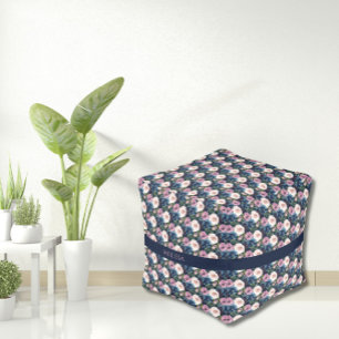 Floral Dark Blue Cube Indoor  Pouf