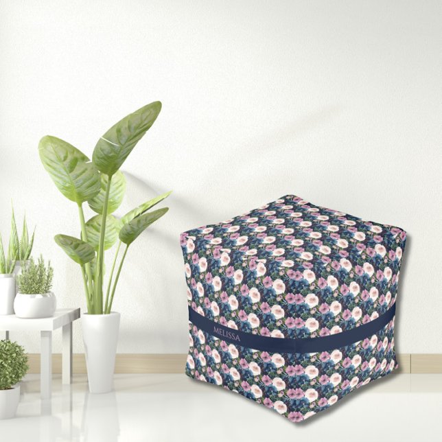 Floral Dark Blue Cube Indoor  Pouf (Creator Uploaded)