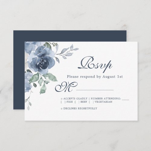 Floral Dark Blue Ivory Rose Wedding RSVP Card