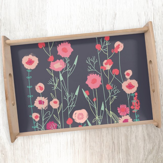 Floral Dark Boho Serving Tray (Boho floral pink and charcoal gray serving tray)