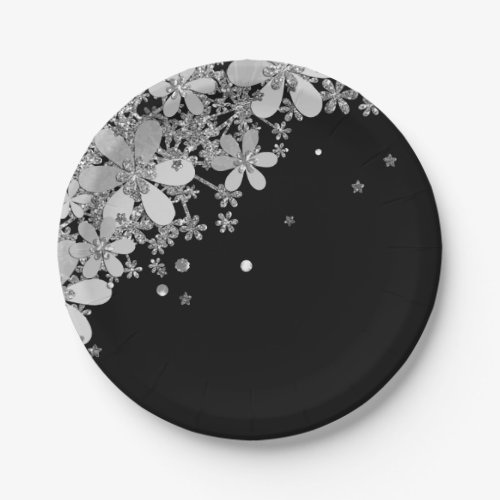 Floral dark flowers glitter silver elegant black g paper plates